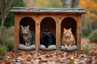 Abri chat extérieur en bois avec plusieurs compartiments séparés pour chats incompatibles dans un jardin en automne