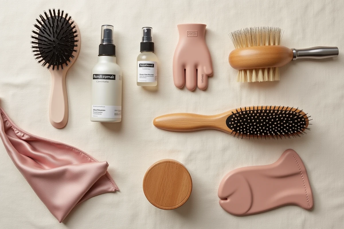 Vue à plat des accessoires indispensables pour chien Tequél à poil long disposés sur fond de lin naturel