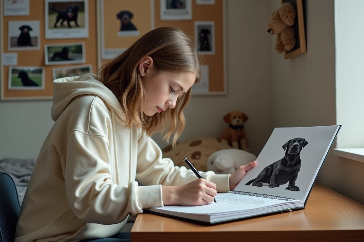 Adolescente écrivant un message souvenir pour son chien labrador dans un album photo personnel dans sa chambre