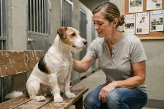 Femme bénévole en refuge pour animaux avec un Fox Terrier à poil court assis sur un banc en bois lors d'une adoption