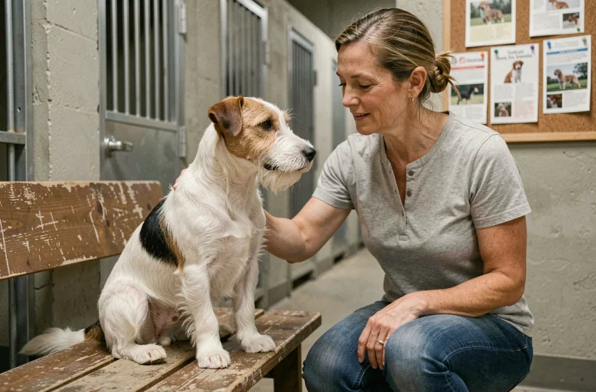 Femme bénévole en refuge pour animaux avec un Fox Terrier à poil court assis sur un banc en bois lors d'une adoption