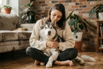 Femme adoptant un Husky de Sibérie abandonné, assise sur le sol d'un salon chaleureux, le chien posant sa tête sur ses genoux avec un regard hésitant
