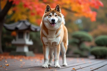 Akita Inu bringé bleu adulte debout dans un jardin japonais en automne, montrant son pelage épais aux reflets bleu-gris caractéristiques