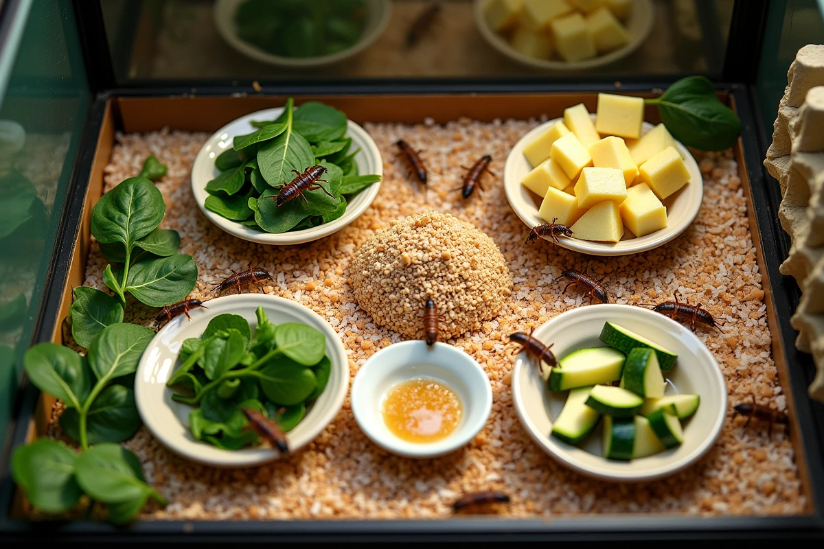 Vue de dessus d'une station d'alimentation pour grillons en terrarium avec légumes frais et gel d'hydratation