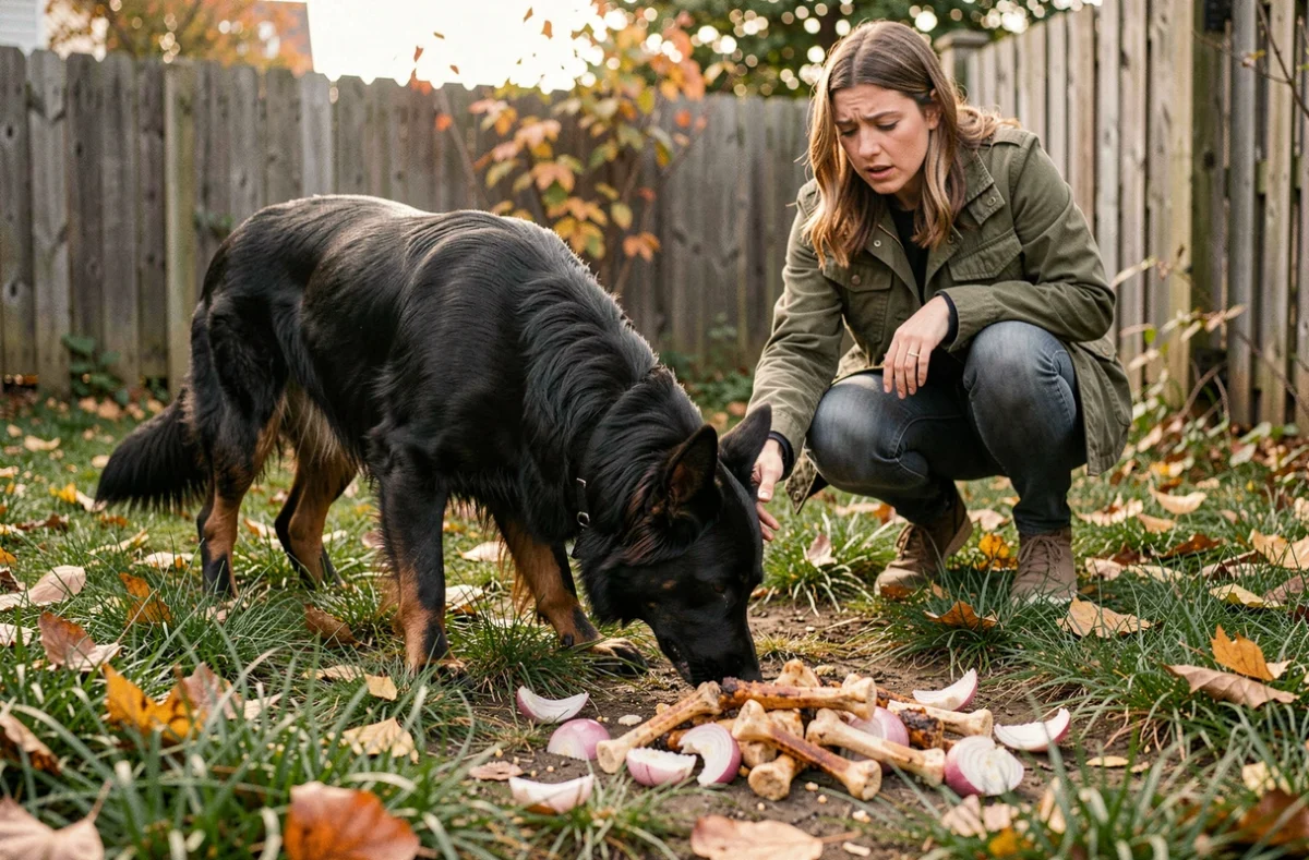 Berger Suisse Noir détourné par sa maîtresse d'aliments dangereux pour chiens dans un jardin
