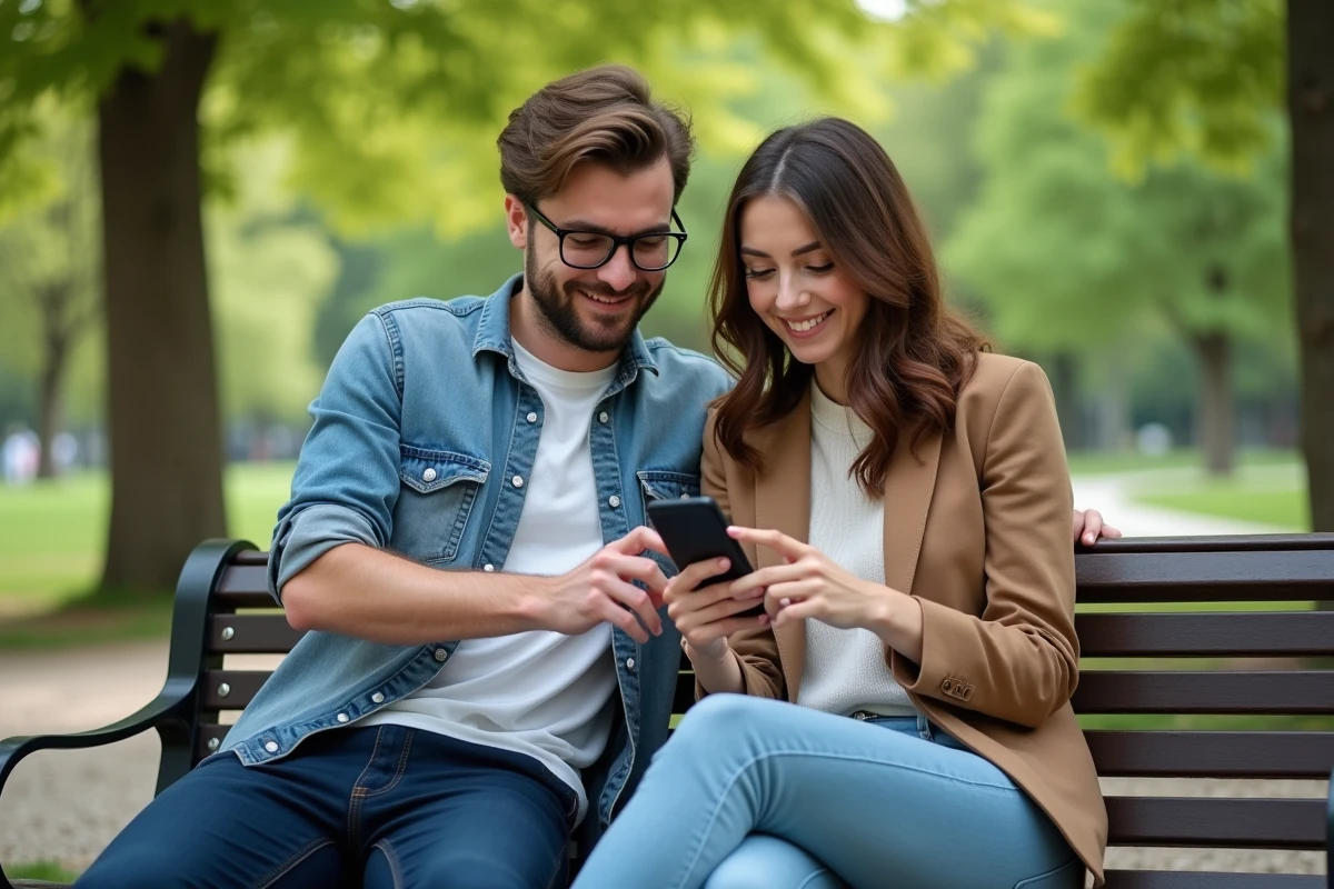Deux amis consultant les paramètres de l'application Cheri FM sur un smartphone Android dans un parc urbain