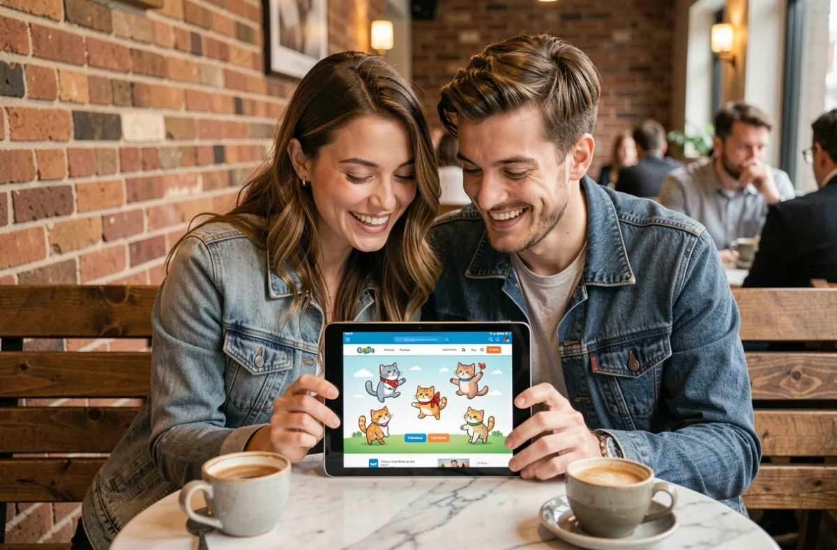 Deux amis partageant une tablette dans un café en jouant ensemble sur un site de jeux de chats en ligne
