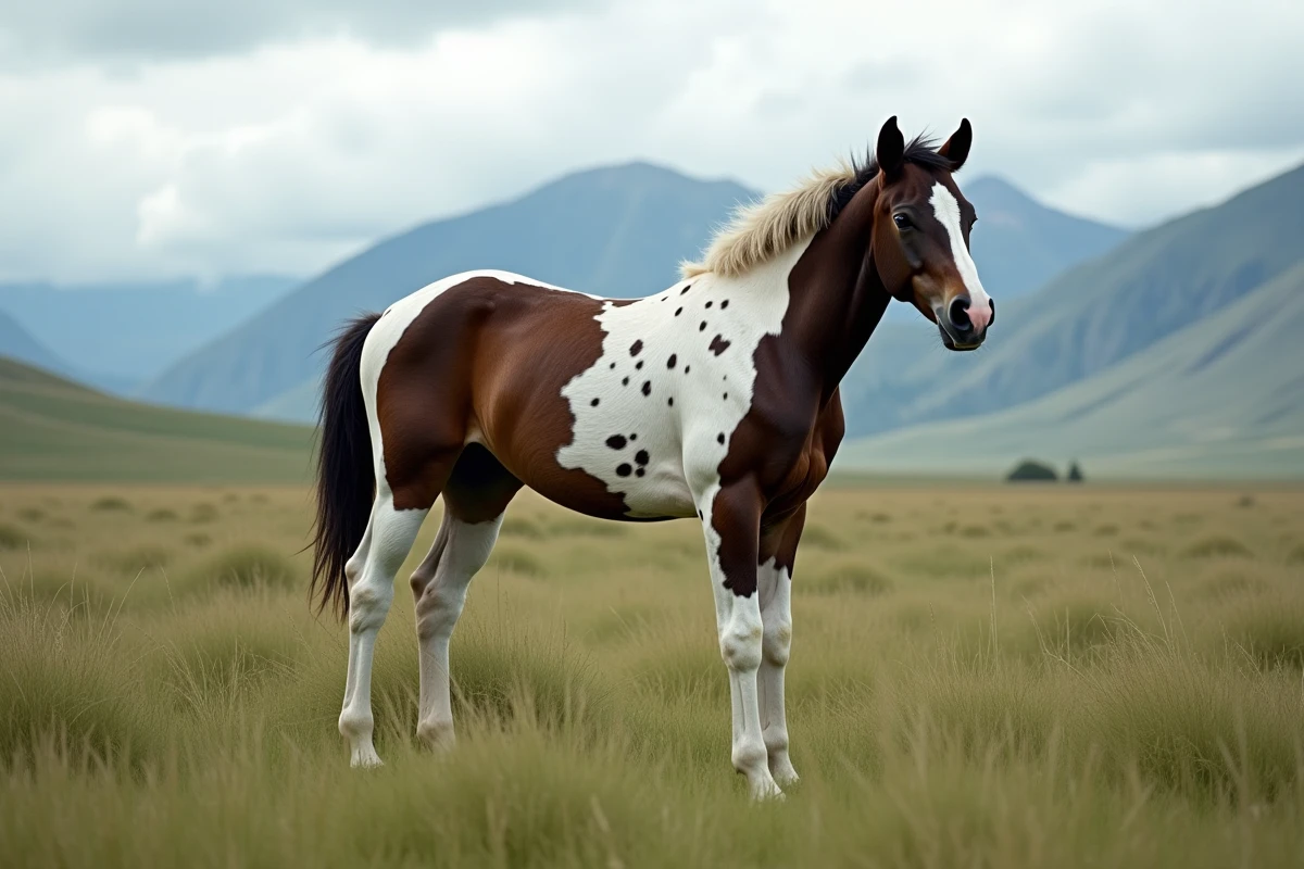 Cheval Appaloosa à robe blanket en liberté dans un grand pré avec montagnes en arrière-plan