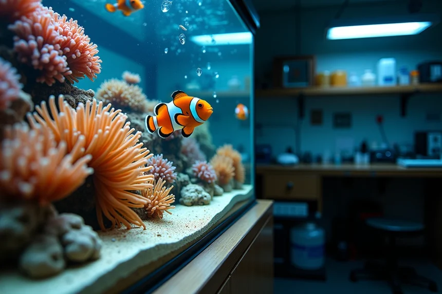 Aquarium marin coloré avec poissons-clowns orange et blanc nageant parmi des anémones de mer dans un décor de recherche marine
