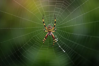 Araignée argiope au centre de sa toile avec gouttelettes de rosée, illustrant les caractéristiques distinctives des araignées