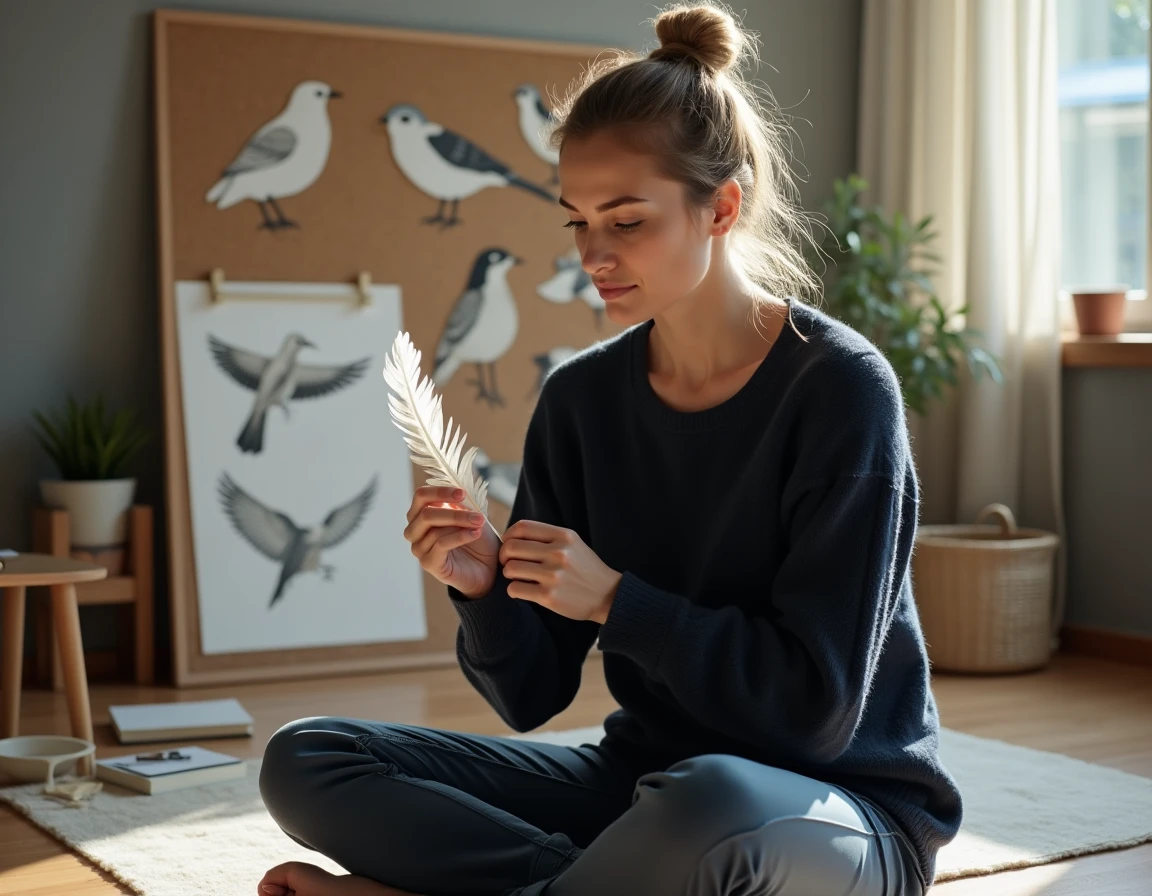 Artiste tenant une plume blanche entourée d'illustrations d'oiseaux dans un atelier minimaliste, exploration de la symbolique aviaire