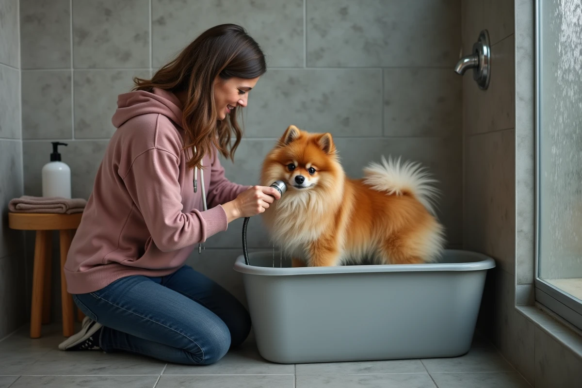 Femme rinçant un grand spitz orange dans une baignoire pour chien placée dans une cabine de douche à domicile, eau visible sur le pelage
