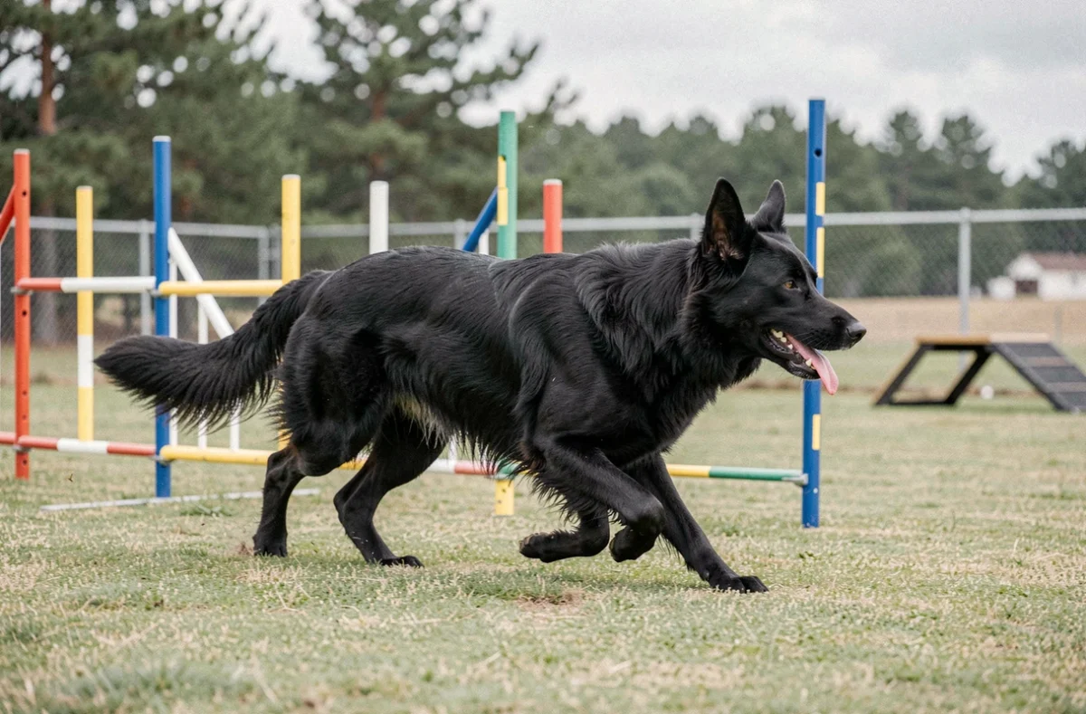 Berger Allemand noir en plein entraînement d'agilité sur un parcours d'obstacles, illustration du caractère actif et sportif de la race