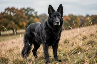 Berger Allemand noir adulte en posture alerte dans une prairie automnale, vue en pied avec bokeh naturel