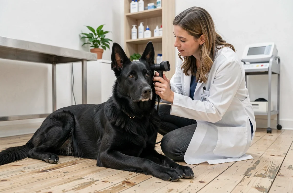 Berger Allemand noir examiné par une vétérinaire dans une clinique moderne, mise en avant de la santé du chien