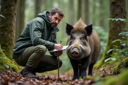 Biologiste en forêt mesurant un grand sanglier sauvage