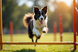Border Collie sautant un obstacle d agility en plein air