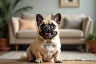 Bouledogue français à poils longs assis dans un salon moderne, avec une fourrure soyeuse crème et fauve très détaillée
