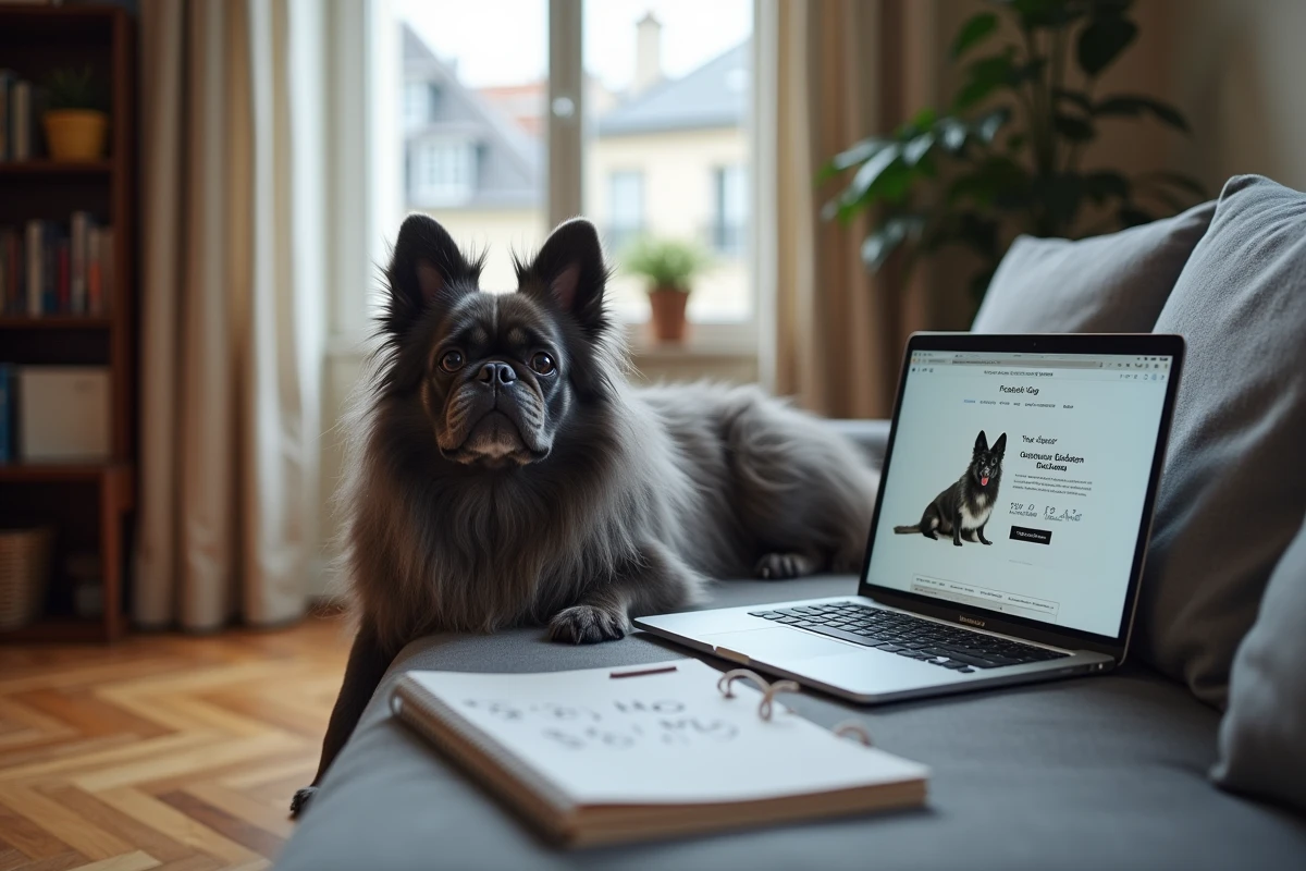 Bouledogue français à poil long gris dans un appartement parisien avec ordinateur portable et notes de prix