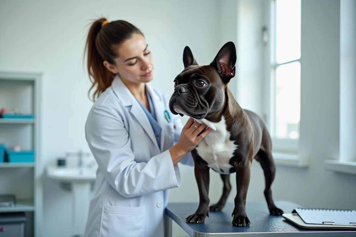 Bouledogue français à poil long examiné par une vétérinaire dans une clinique vétérinaire moderne en France