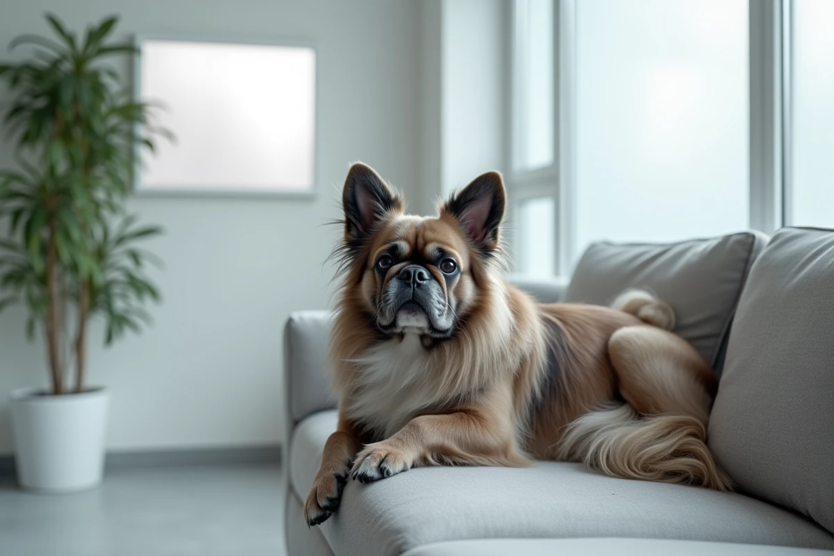 Bouledogue français à poils longs allongé sur un canapé en lin dans une salle d'attente vétérinaire minimaliste