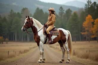 Cavalière en tenue d'équitation Western sur un cheval Appaloosa à robe léopard sur un sentier forestier en automne