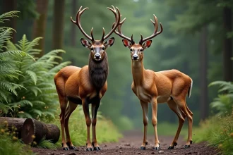 Cerf rouge et chevreuil côte à côte dans la forêt en été