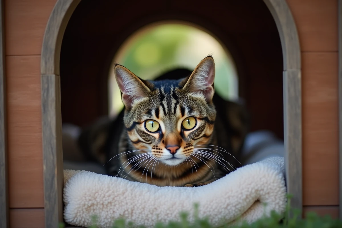 Chat tigré dans son abri extérieur isolé observant l'extérieur avec méfiance, solution pour chats qui ne se supportent pas
