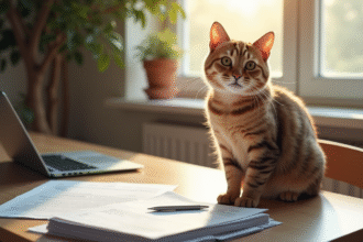 Chat domestique heureux sur la table de cuisine avec documents d'assurance