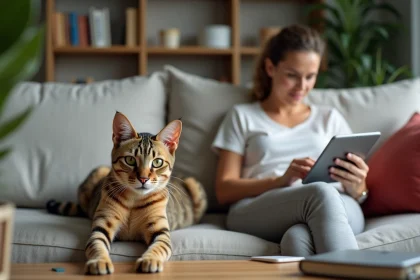 Chat Egyptian Mau allongé sur un canapé moderne avec une femme distraite
