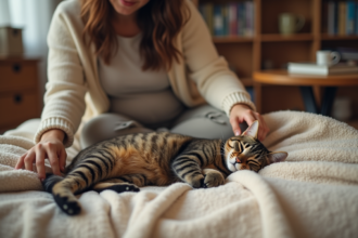 Chat femelle enceinte avec une femme dans un salon chaleureux