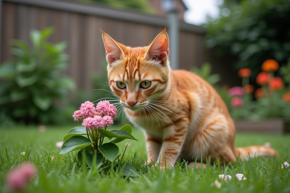 Chat roux explorant plantes dans un jardin verdoyant