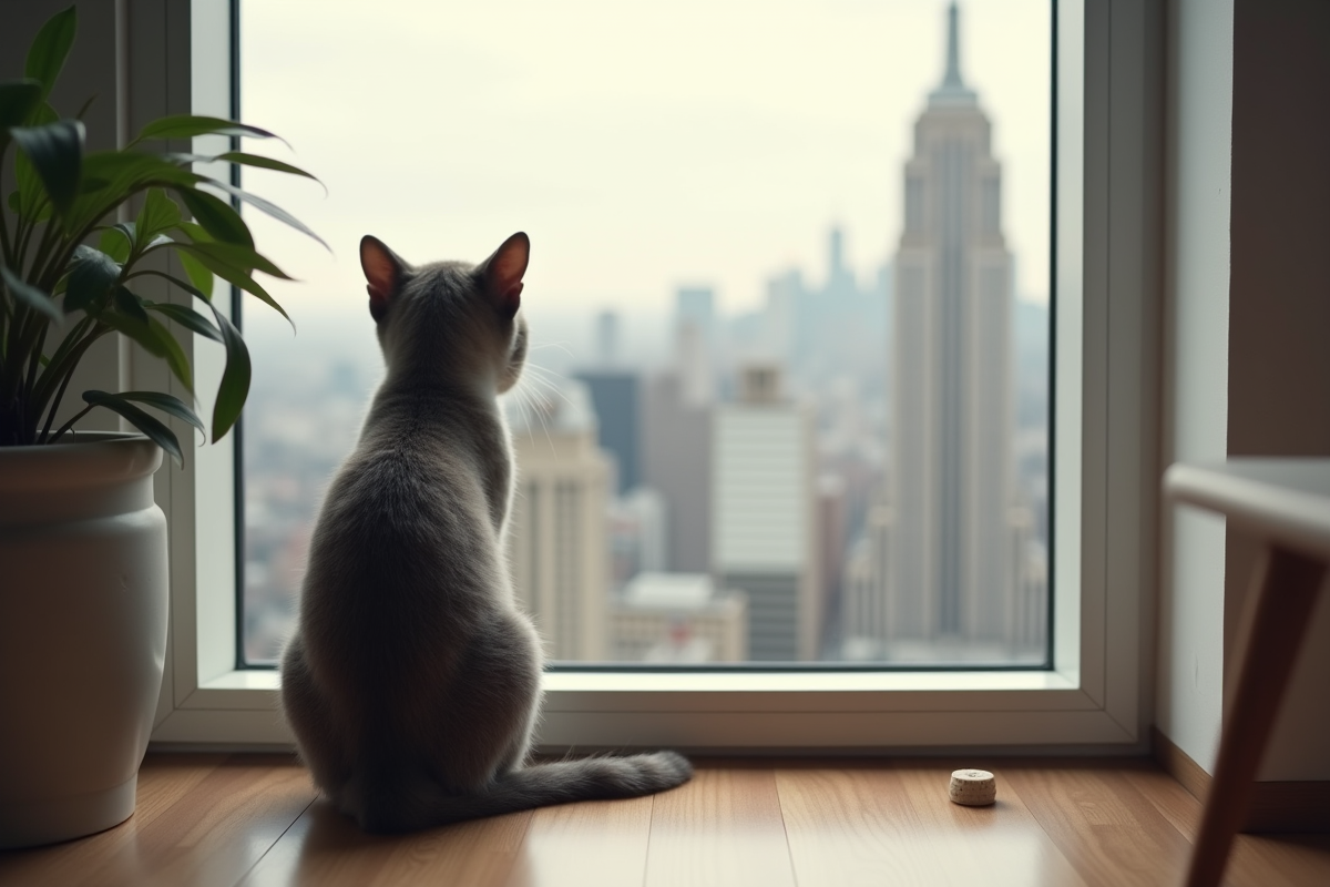 Chat gris seul regardant par la grande fenetre d