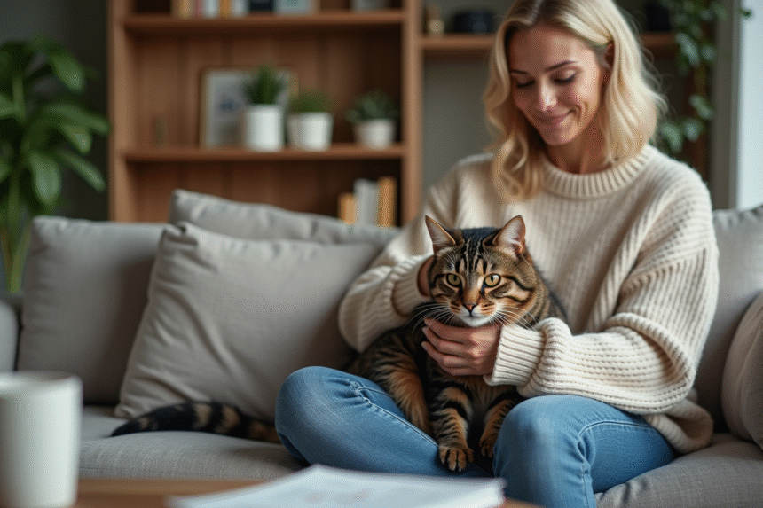 Chat tabby soutenu par une femme dans un salon chaleureux