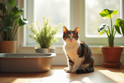 Chat tigré assis près d'une litière propre dans un salon lumineux