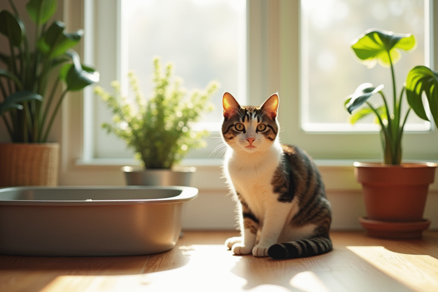 Chat tigré assis près d'une litière propre dans un salon lumineux