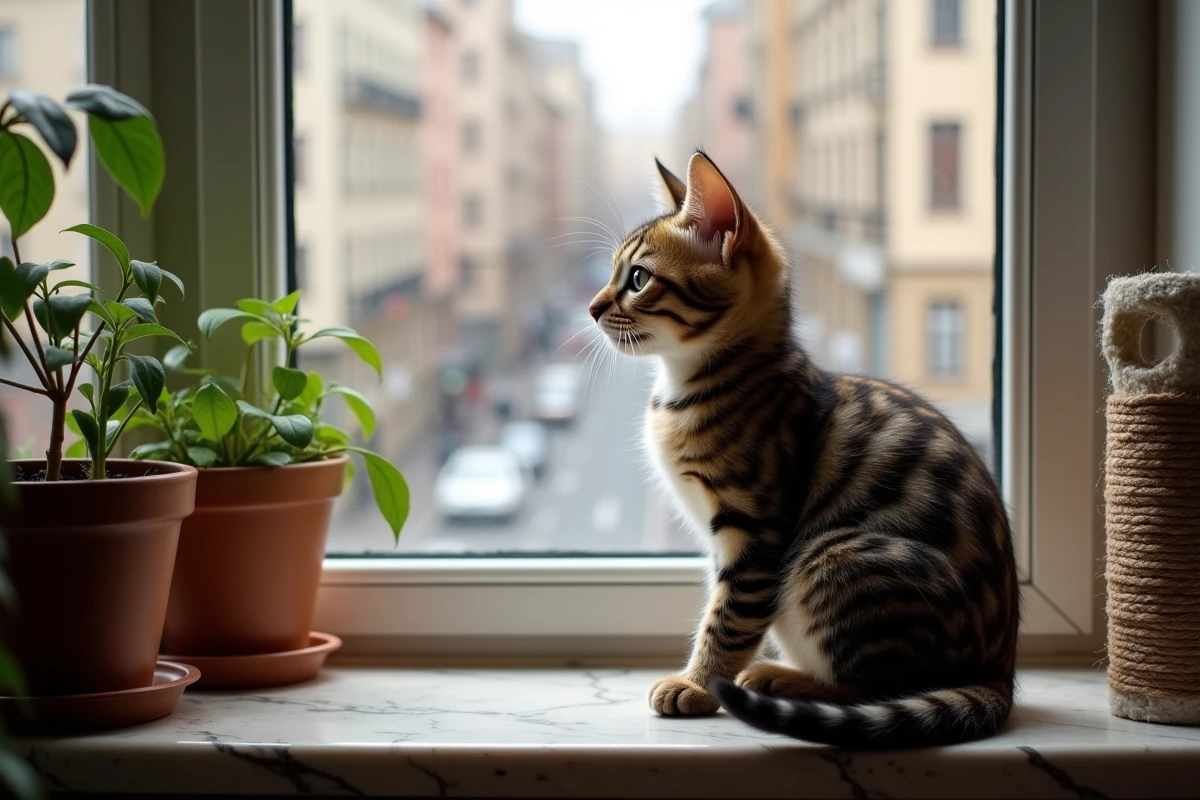 Jeune chat Egyptian Mau regardant par la fenêtre avec envie