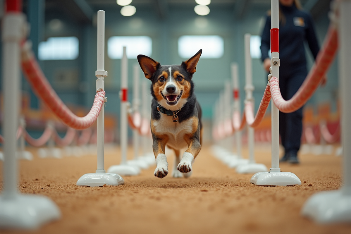 Chien melange passant entre les piquets d agility en salle