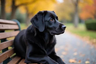 Labrador noir au pelage dense et brillant assis calmement sur un banc de parc en bois, illustrant le lien entre couleur de robe et tempérament du chien