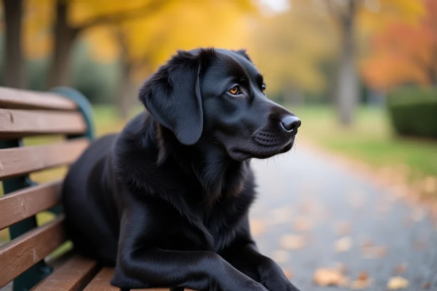 Labrador noir au pelage dense et brillant assis calmement sur un banc de parc en bois, illustrant le lien entre couleur de robe et tempérament du chien