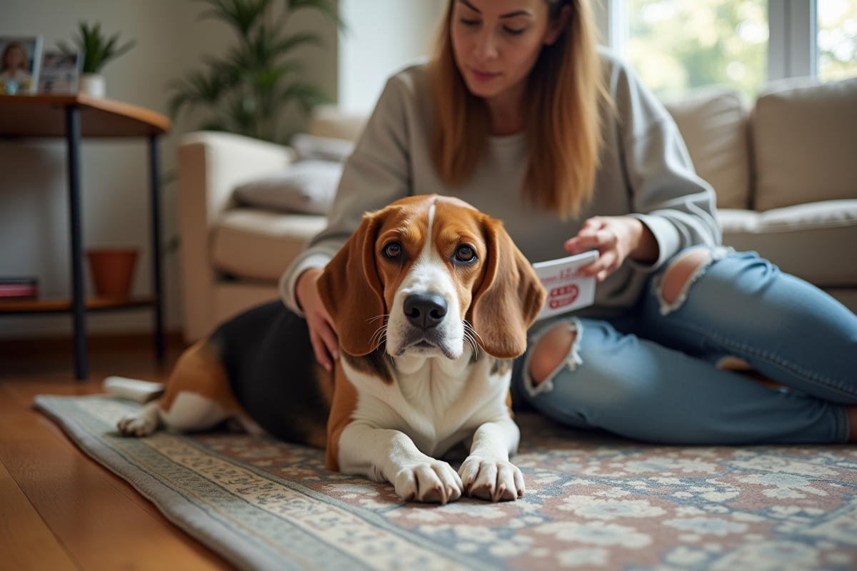 Chien beagle allongé sur un tapis dans un salon chaleureux