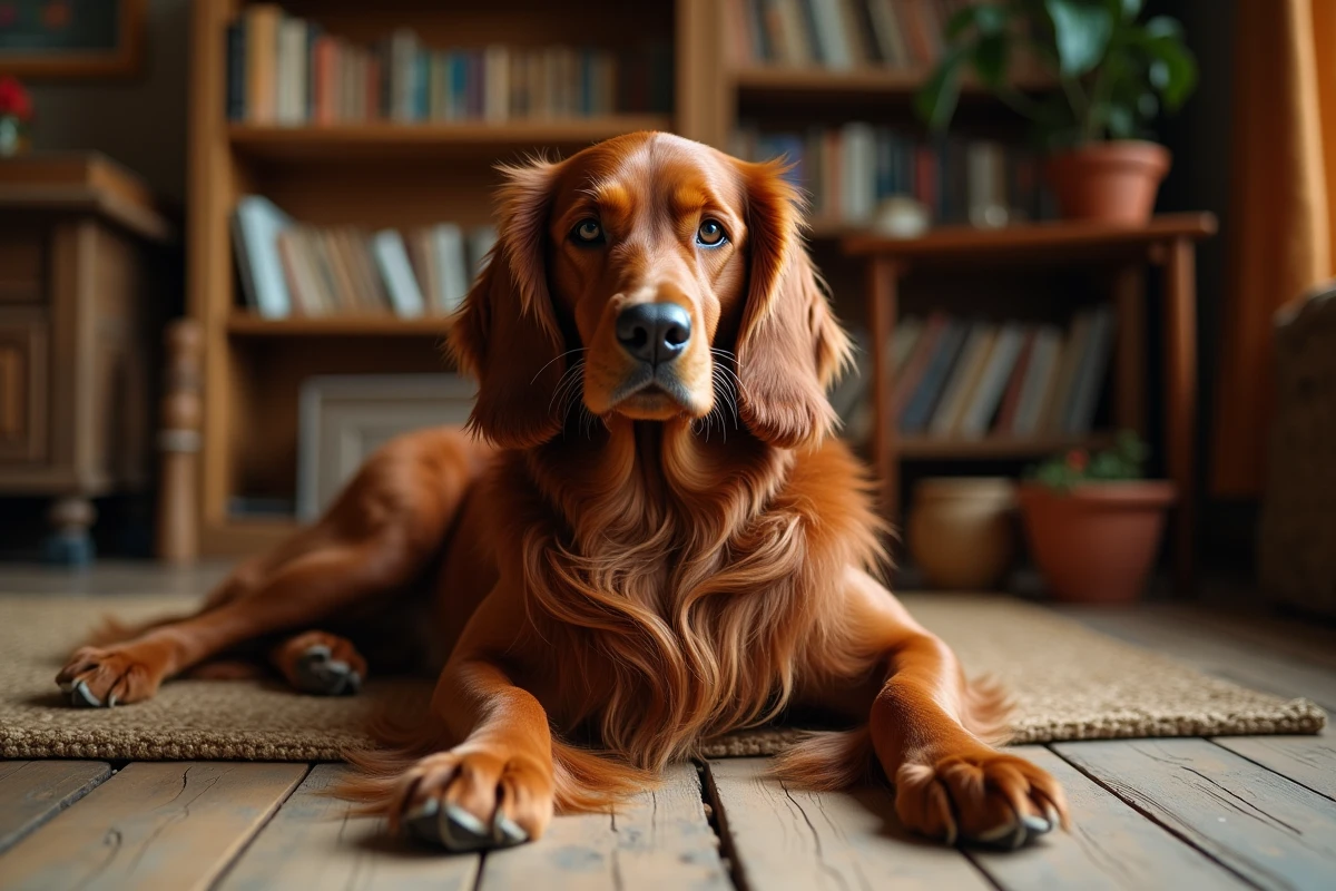 Setter irlandais roux allongé sur un plancher en bois dans un intérieur chaleureux, illustrant le tempérament affectueux souvent prêté aux chiens au pelage roux