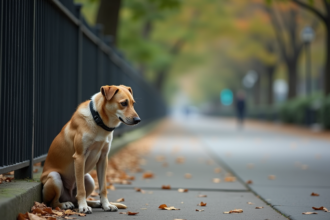Chien errant maigre et scruffy assis seul sur le trottoir urbain