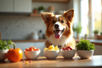 Chien heureux devant un bol de vitamines et légumes frais