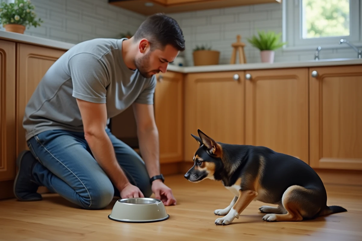 Propriétaire inquiet auprès de son chien nauséeux accroupi sur le sol de la cuisine à côté de son bol d'eau