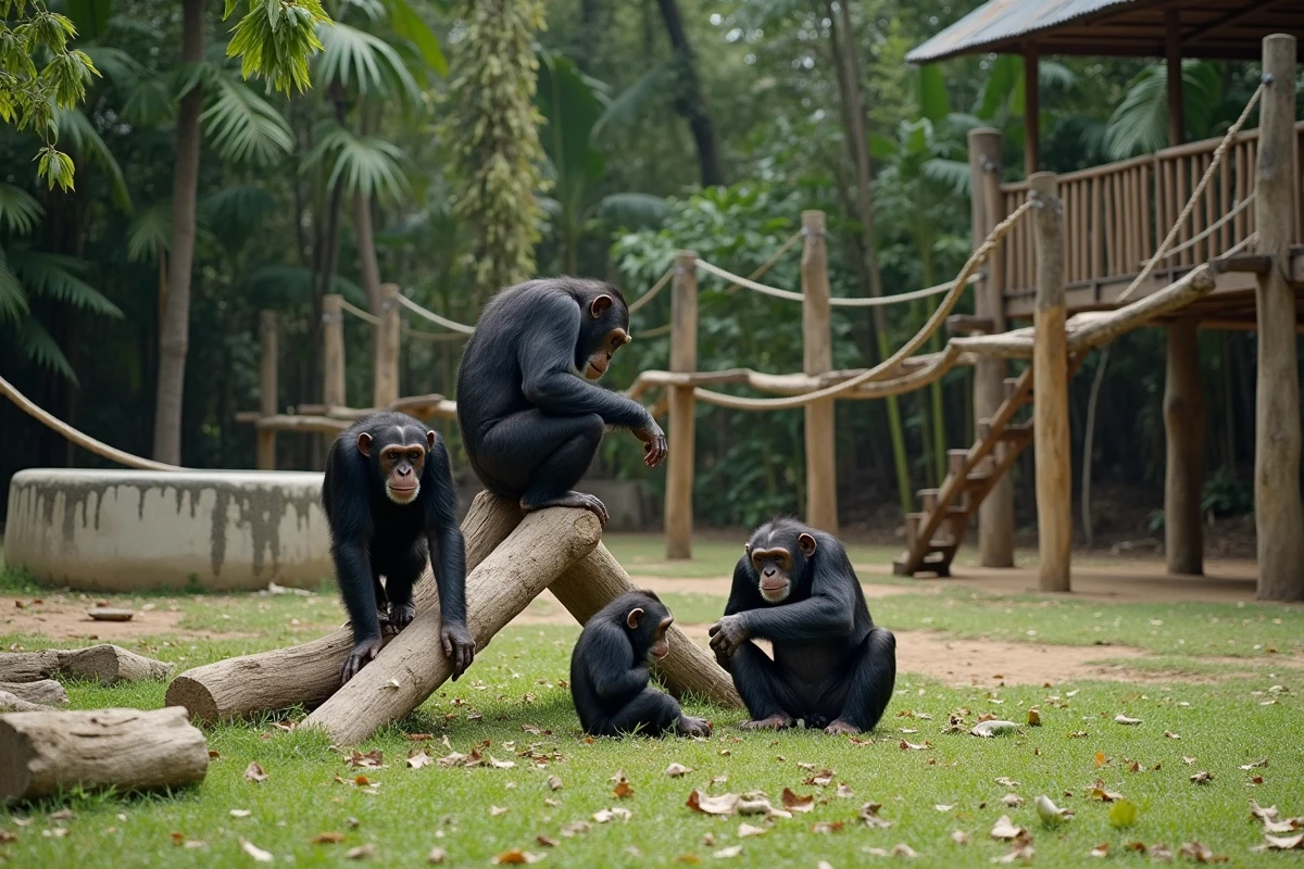 Groupe de chimpanzés en liberté dans un grand enclos enrichi d'un sanctuaire animalier