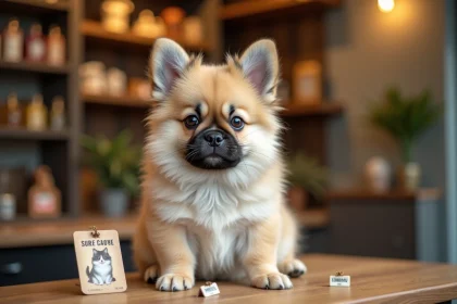 Chiot bouledogue français à poil long crème assis dans une animalerie française avec étiquettes de prix visibles