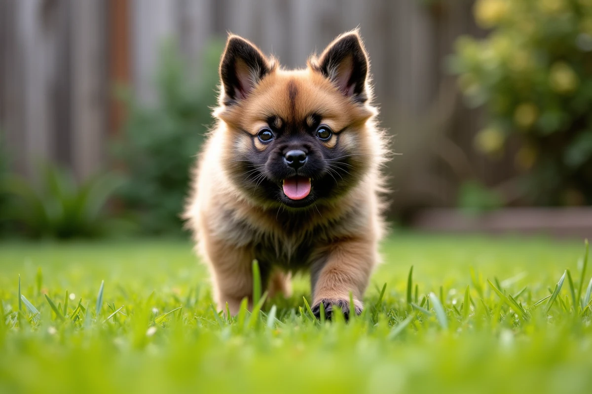 Chiot bouledogue français à poils longs jouant dans un jardin verdoyant, avec une fourrure bringée et touffue très réaliste
