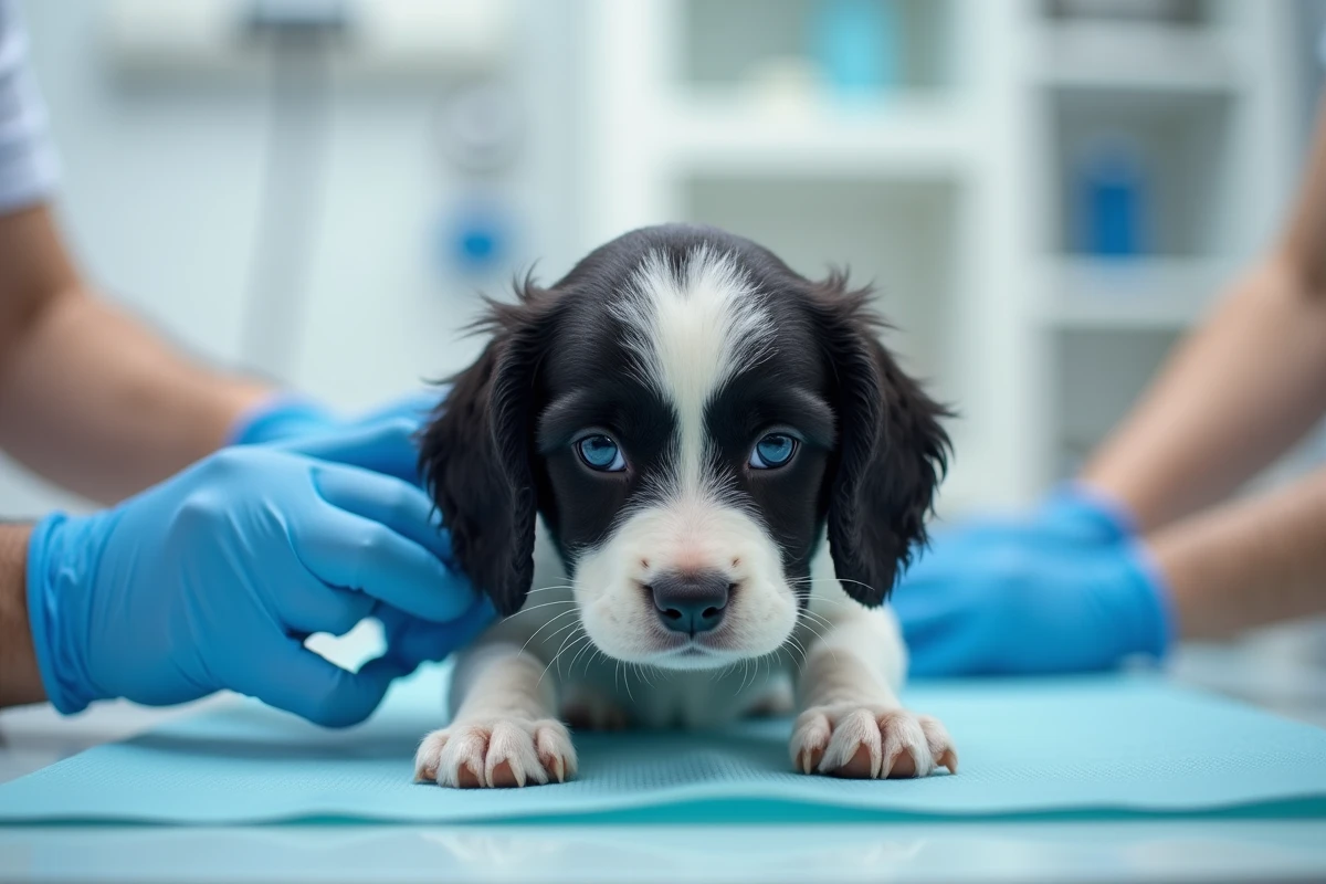 Chiot Cocker Spaniel nain noir et blanc examiné par un vétérinaire lors d'un bilan de santé avant adoption