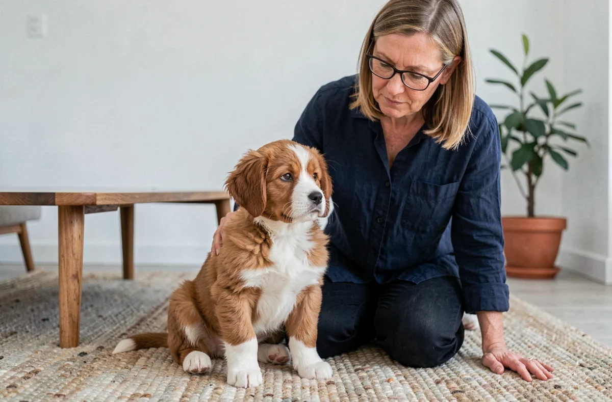 Femme avec un chiot Eurasier au pelage roux dans un intérieur scandinave épuré